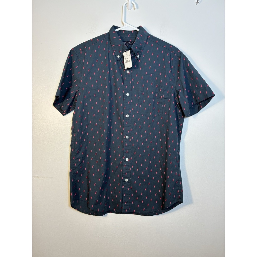 NEW! J Crew Short Sleeve Button Up Shirt Men's M Blue Lightning Bolt Flex - Picture 2 of 9